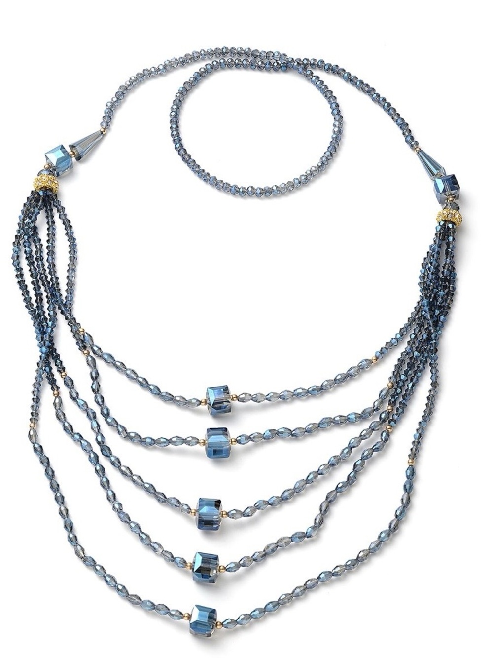 Simulated Blue Diamond & White Australia Crystal Layered Necklace 30” Goldtone